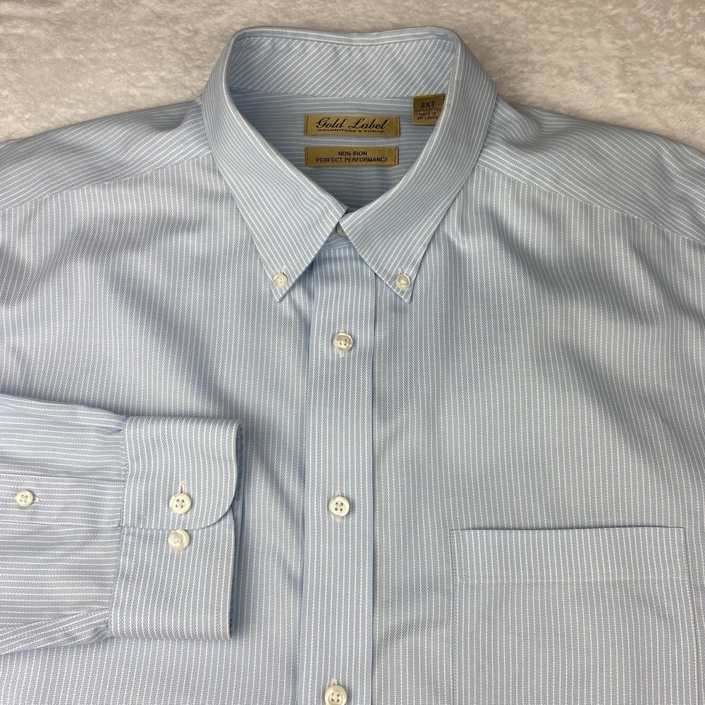 Roundtree & Yorke Gold Label Shirt Men's 2XT  Lt. Blue/White Stripes No Iron